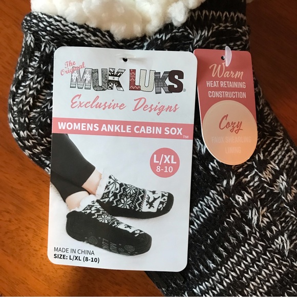 Muk Luks Ankle Cabin Sox Slipper Socks, Faux Sherpa Fur Lining Size L/XL (8-10) - Picture 3 of 4